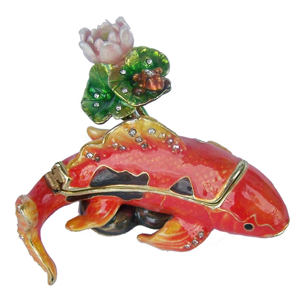 

Koi Fish and Water Lily Trinket Box Sea life Gifts Bejeweled Jewelry Container Ring Holder