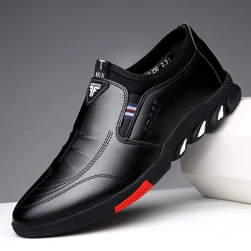 

2022 New Fashion Men's Leather Casual Flat Shoes Business Soft-Soled Non-Slip Breathable All-Match Men Sneakers, Black,khaki