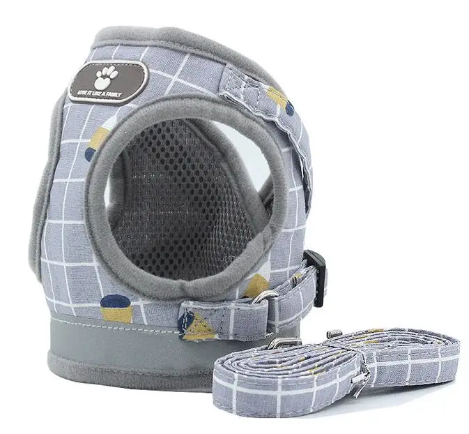 

hot sale breathable reflective plaid polyester puppy dog harness, Grey/khaki/pink