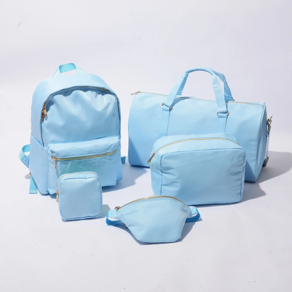

Stock No MOQ Nylon Outdoor Ice Blue Cosmetic bag with Fanny Pack Backpack Duffel Bag 5PCS Makeup Travel Bag Set, Multi colors
