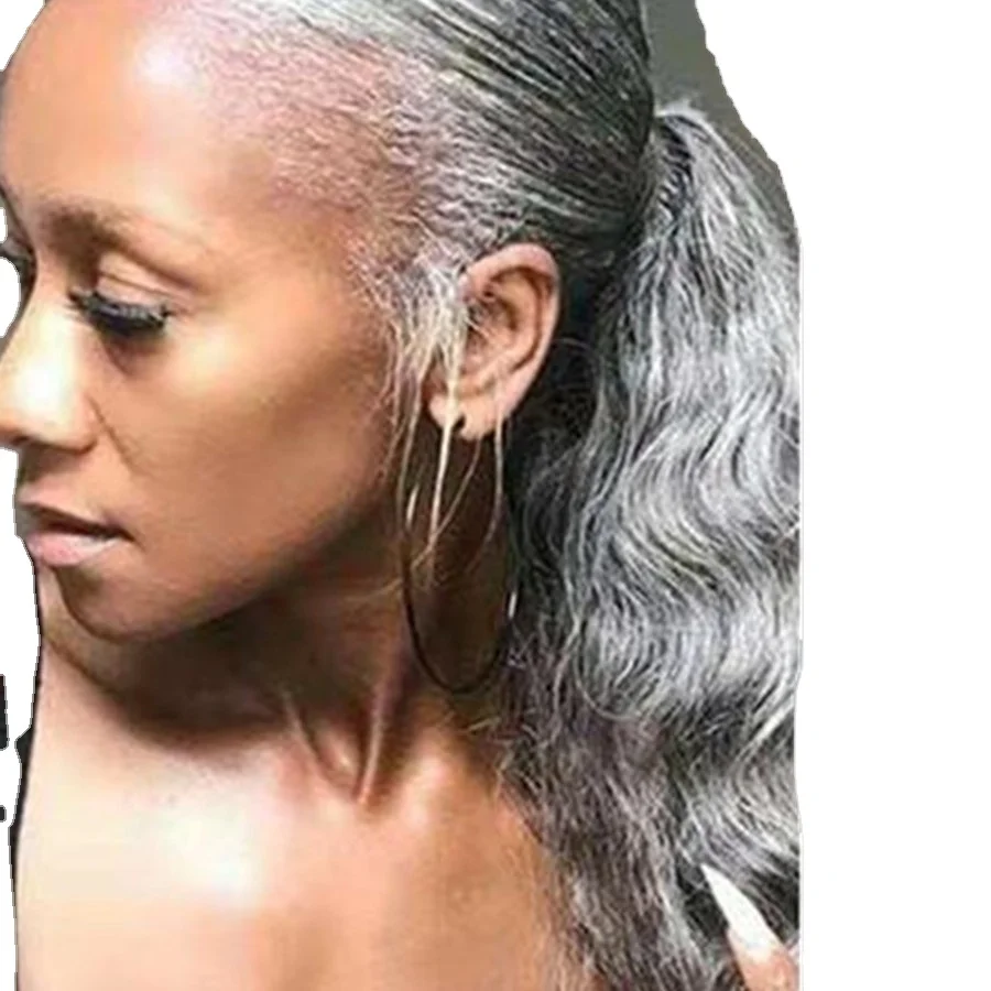 

Salt and pepper loose wave silver grey real hair pony tail hairpiece brazilian hair extension natural gray 120g