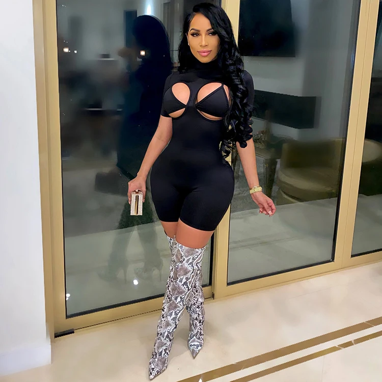 

Trendy Summer Clothing Black Short Sleeve Womens Designer Sexy Cut Out Chest Women One Piece Shorts Jumpsuit Romper With Bra, White,pink,red,black,fluorescent green