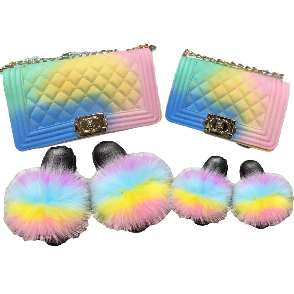 

Rainbow Color Kids Slides Real big size fox fur Slippers Handbags Mommy And Me Colorful Fur Sandals Matching Purse, As picture show or customized