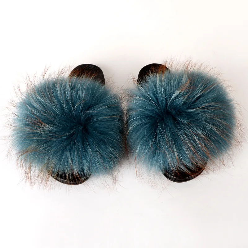

Wholesale Custom logo indoor pvc sole racoon furry fur slides sandal colorful 100% real fluffy fox raccoon fur slipper for women, Solid color