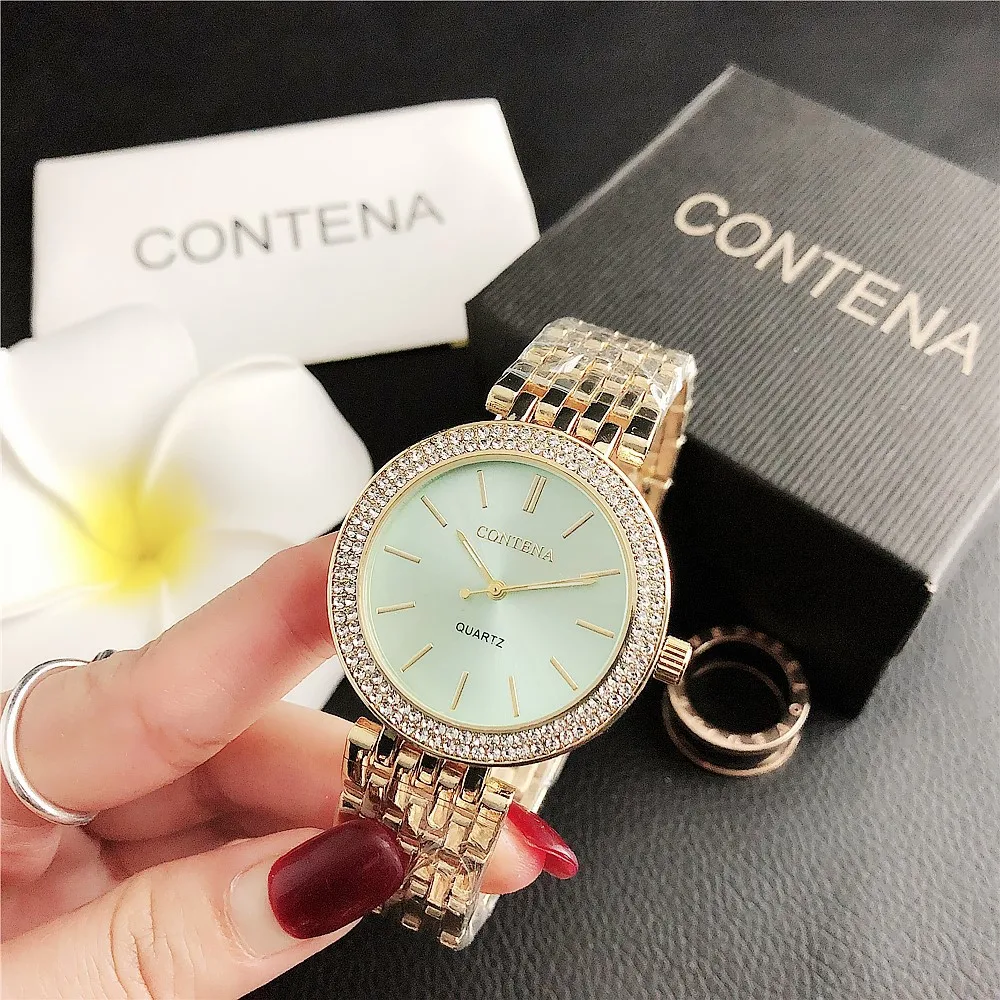 

Factory direct sales fashion luxury jewelry lady gift alloy metal band wrist gold box custom geneva watches, As pic