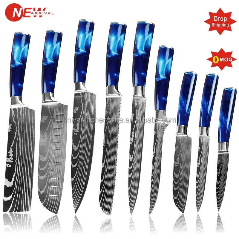 

9 pcs damascus pattern stainless steel color handle kitchen chef santoku sciling bread cleaver butcher utility paring knife set