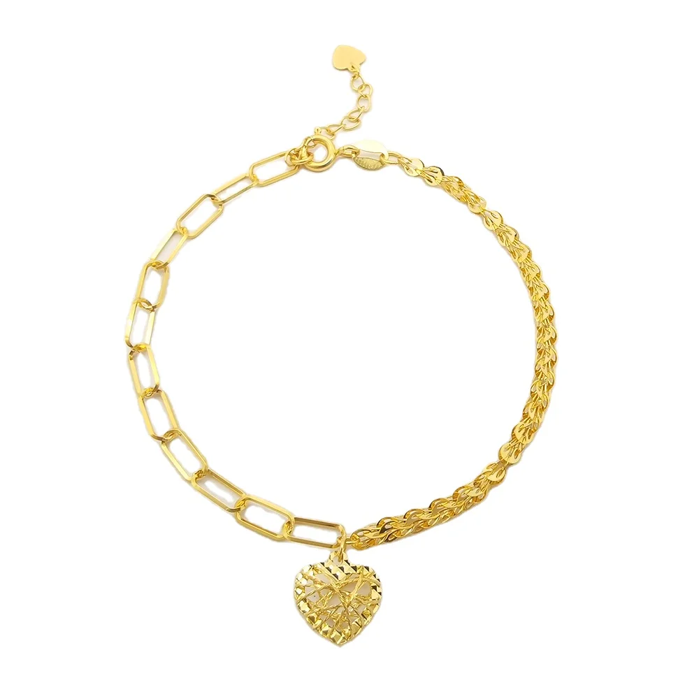 

Popular 18K Real Gold Heart Charm Bracelet, Paper Clip Chain Combined Chain Link Heart Bracelet