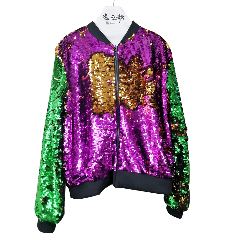 Yizhiqiu Reversible Green Gold Purple Sequin Bomber Women's Jackets ...