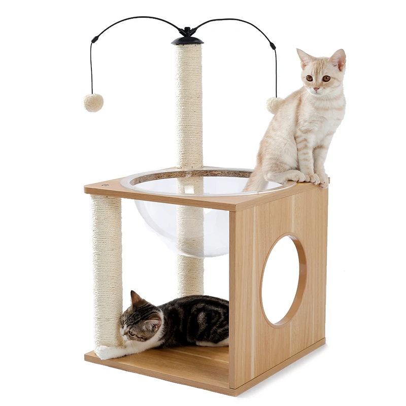 

Unique Wood Cat Tree House Tower Sisal Scratching Post Space Capsule Beige