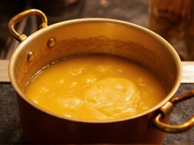 Golden caramel bubbling in copper pot
