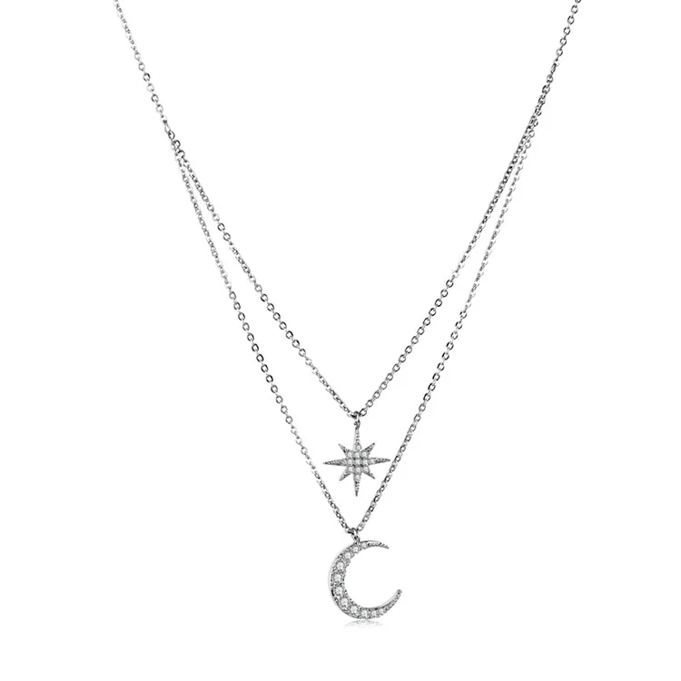 

Fashionable trendy pave crystal eight pointed star moon layered necklace