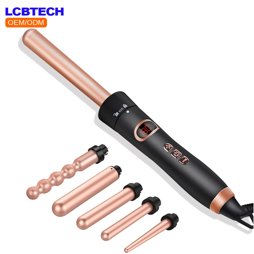 

5 In 1 Curling Iron Set Hair Iron Rotating Electric Hair Curler Irons Professional Looper Hair Curlers Barber Multi Styling Tool, Black gold