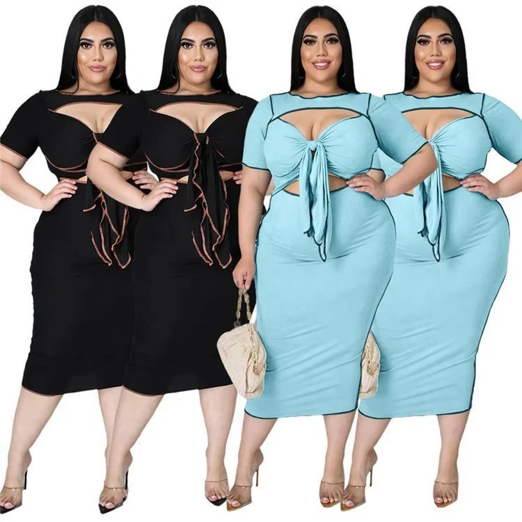 

ZMH7023-Solid Color Short Sleeve Hollow Out Casual Dresses Bandage Midi Dress Plus Size Women Clothing 2021