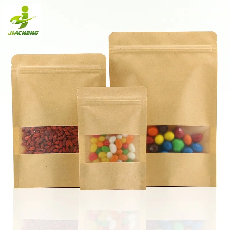 

In Stock 12*20cm compostable printed window stand up brown self-sealing zip lock kraft paper bag for food nuts packaging pouch