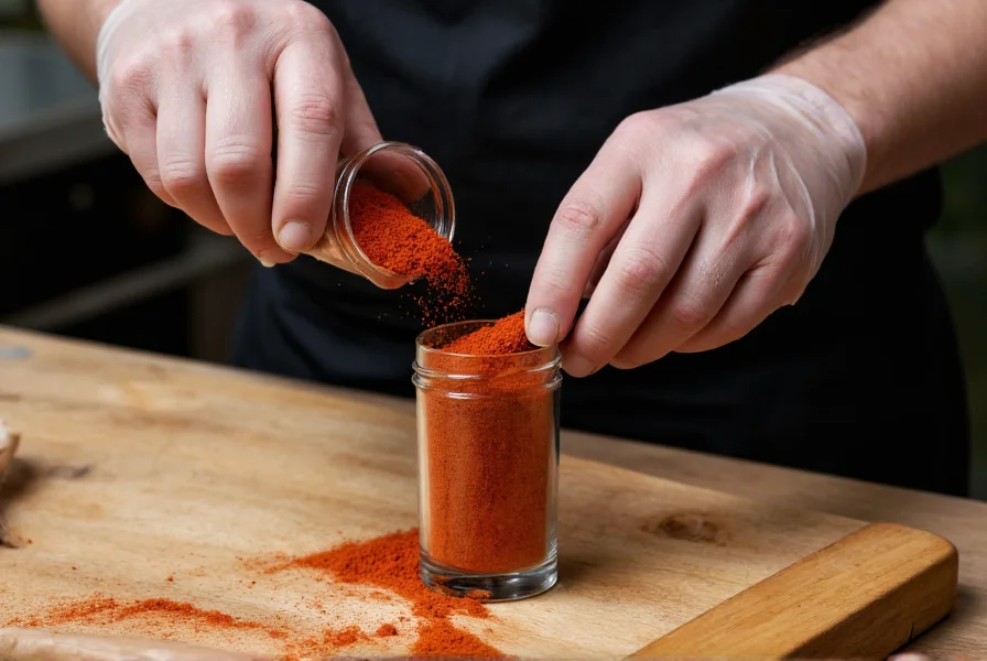 Chef's hands wearing gloves while measuring cayenne pepper into a spice jar