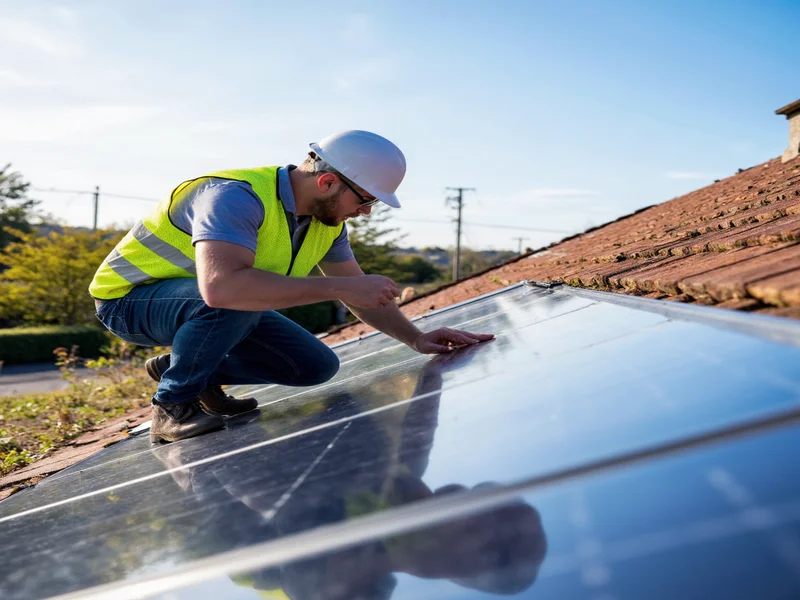 Certified solar installer inspecting roof-mounted panels