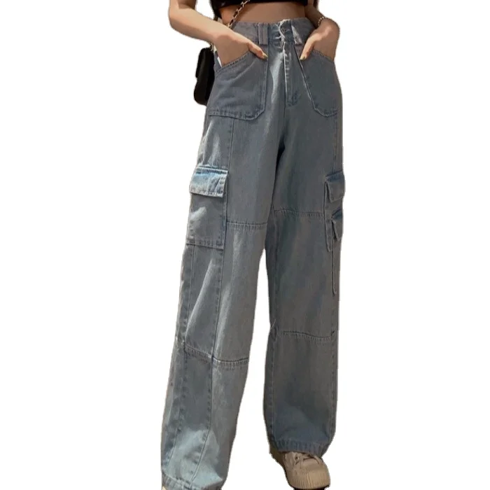 

Jeans High Waist Loose Straight Ladies Pocket Fashion New Style Hot Sale