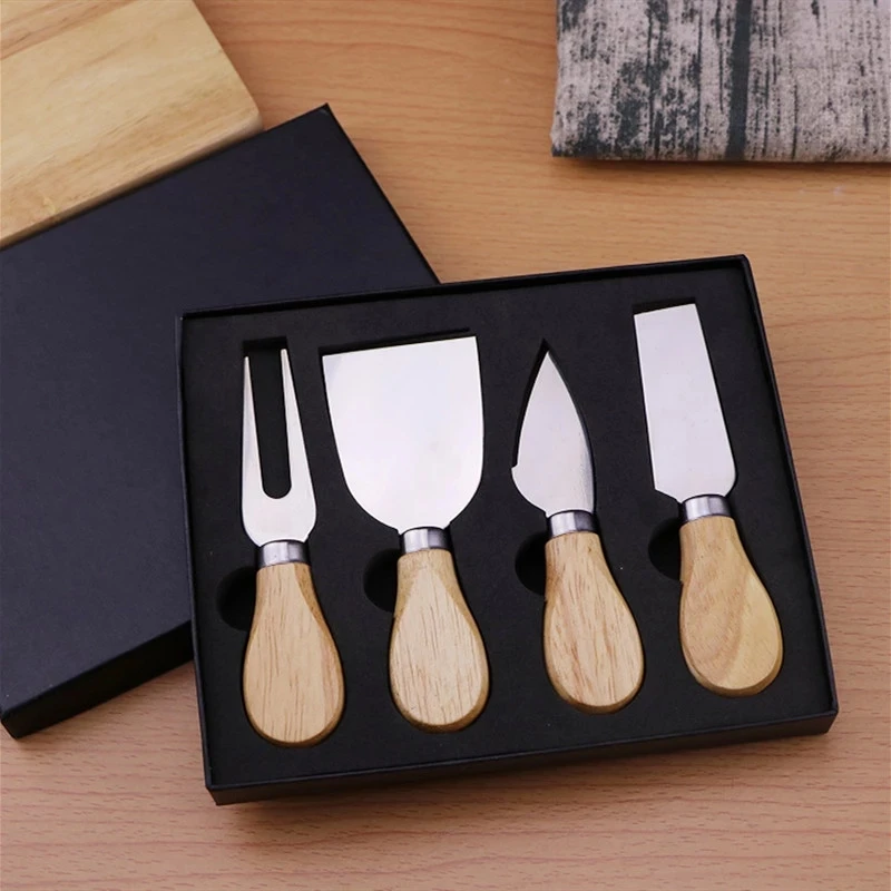 

RTS Cheese Knife Stainless Steel 4 Piece Cheese Knife Set for Cheese Pizza with Wood Bamboo Handle Gift Box Package, Silver