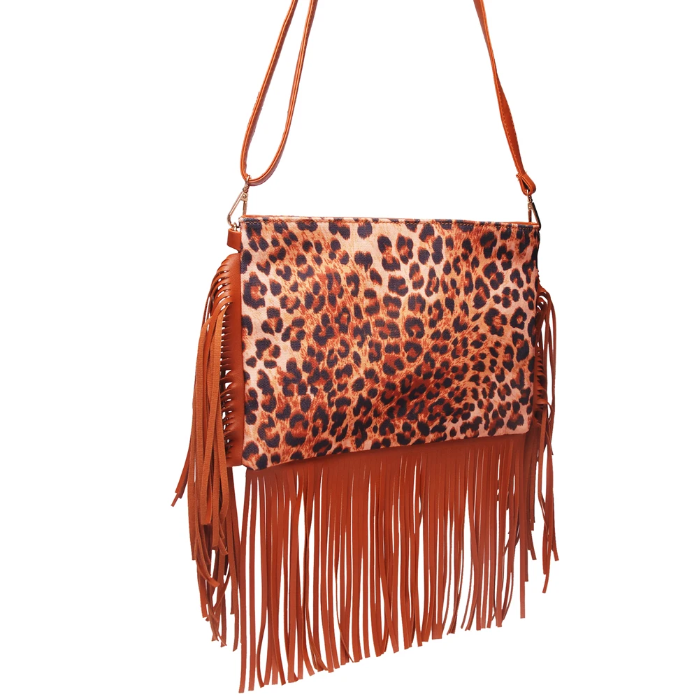 

DOMIL Fringe Tassel Crossbody Tote Bag Hot Selling Brown Leopard Women Sling Shopping Party Leisure Shoulder Purse