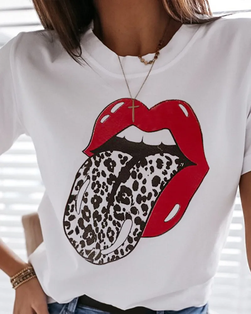 

Summer simple short sleeve big lips print T-Shirt Top Women's wear female caim party club ladies solid tops