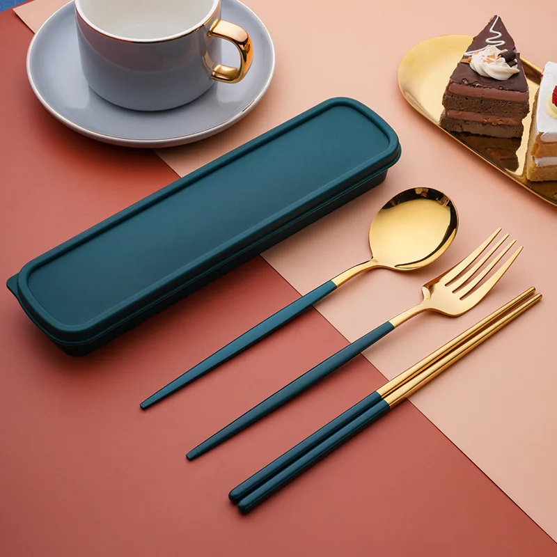 

Portable Color Handle Cutlery Set with Case couverts Korean Style Reusable Outdoor Camping Gold Cutlery Set spoon fork chopstick