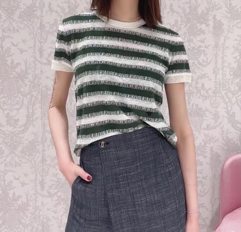 

Linen Cashmere Blends Knit T-shirt Women O-neck Gradient Stripes Contrast Color Runway Design Summer Tops Tee