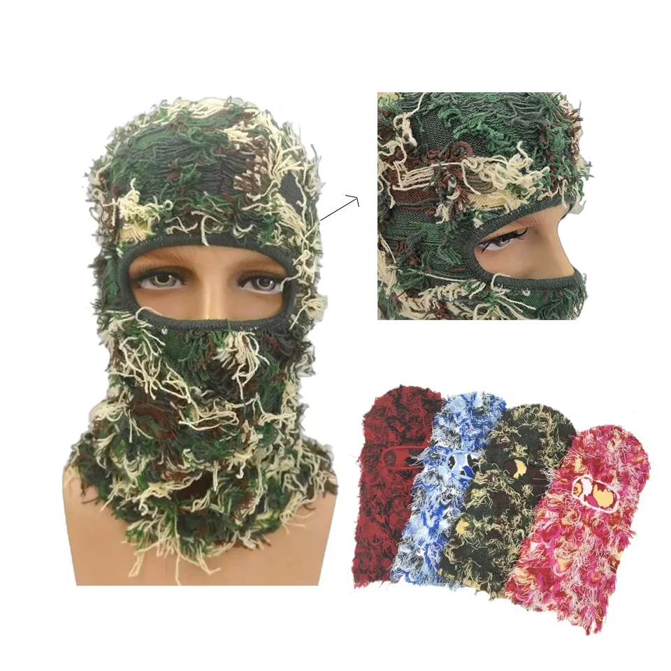 

Hot Sale Full Face Cover one hole Storm Distressed Balaclava designer knit hat grassy beanie Winter ski mask