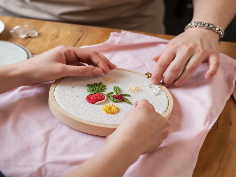 Hands completing first embroidery craft kit project