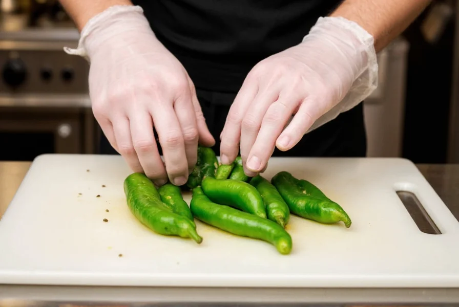 Chef wearing gloves while carefully removing seeds from serrano peppers on a cutting board
