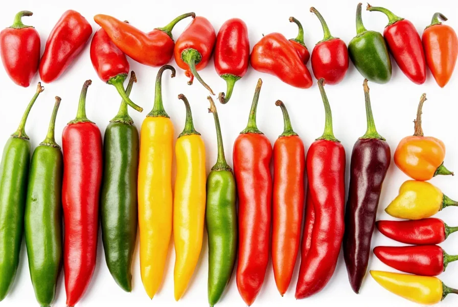 Colorful arrangement of various peppers from mild bell peppers to extremely hot ghost peppers with Scoville scale indicators