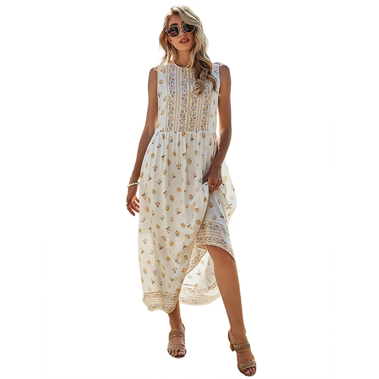 

wholesale summer high quality printed A-line skirt sleeveless floral dress casual round collar long dresses
