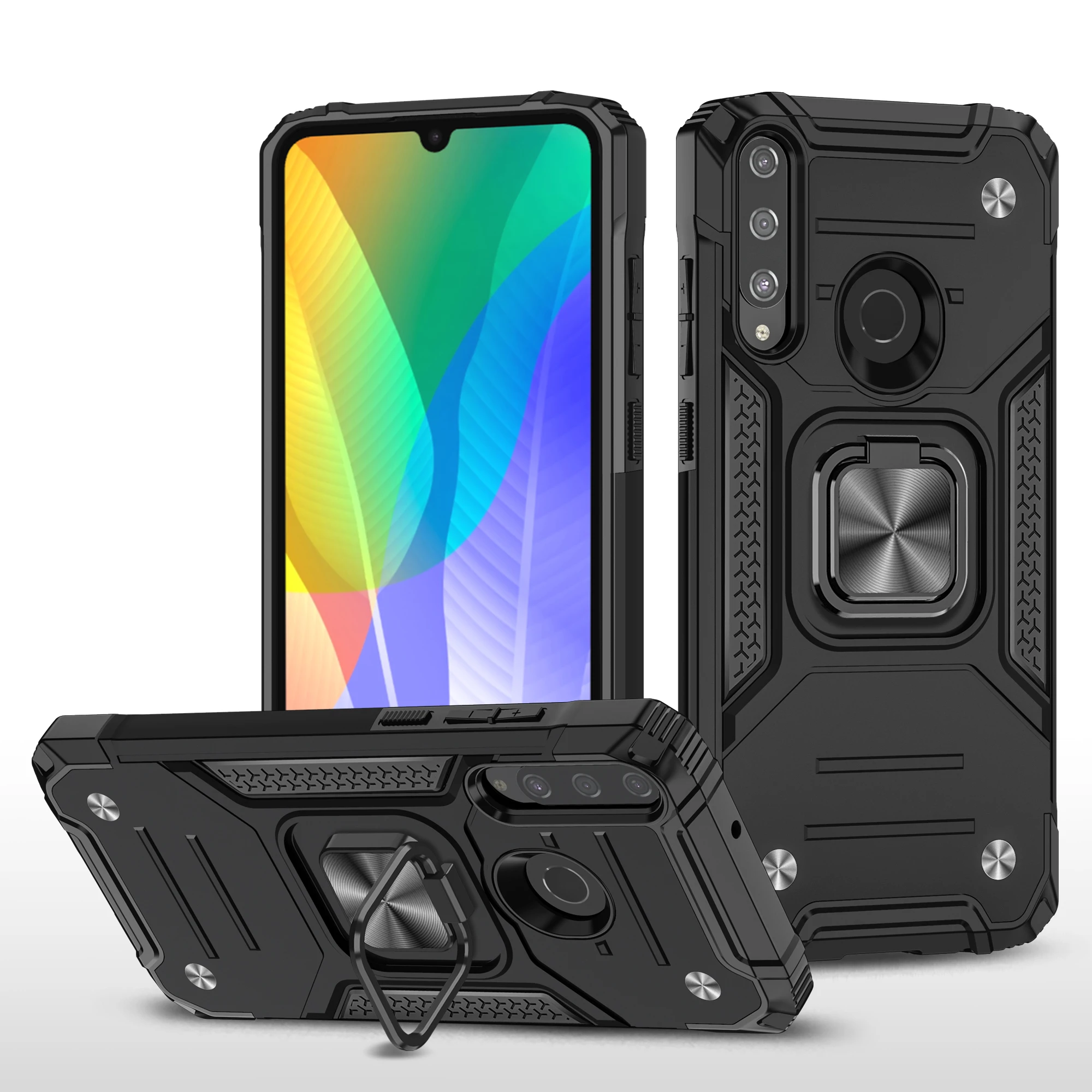 

Ring Phone Case For Huawei Y6P Y9a Y7a Rugged Hybrid Armor PC+TPU Shockprooof Cover With Kickstand Metal Plate
