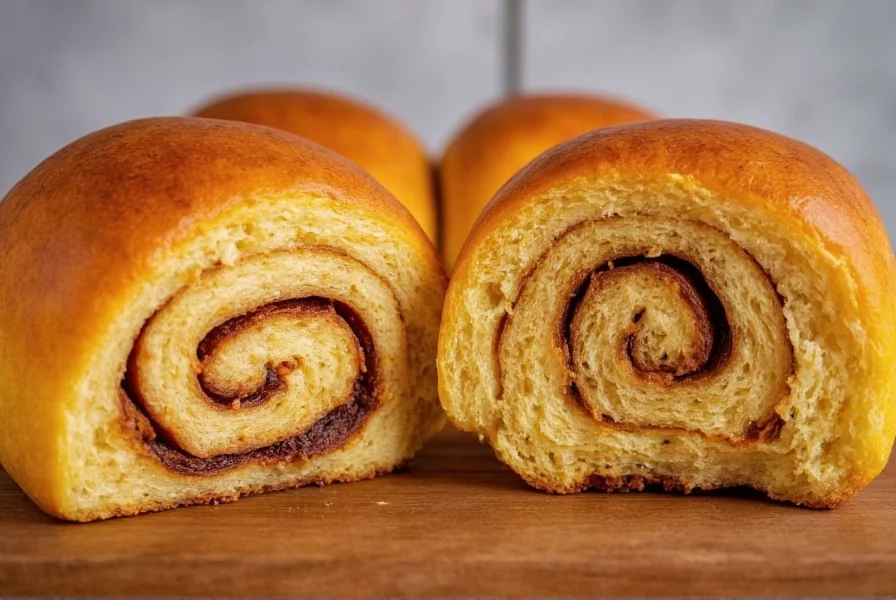 Cross-section view of freshly baked pumpkin sourdough cinnamon rolls showing perfect swirl pattern and golden crust