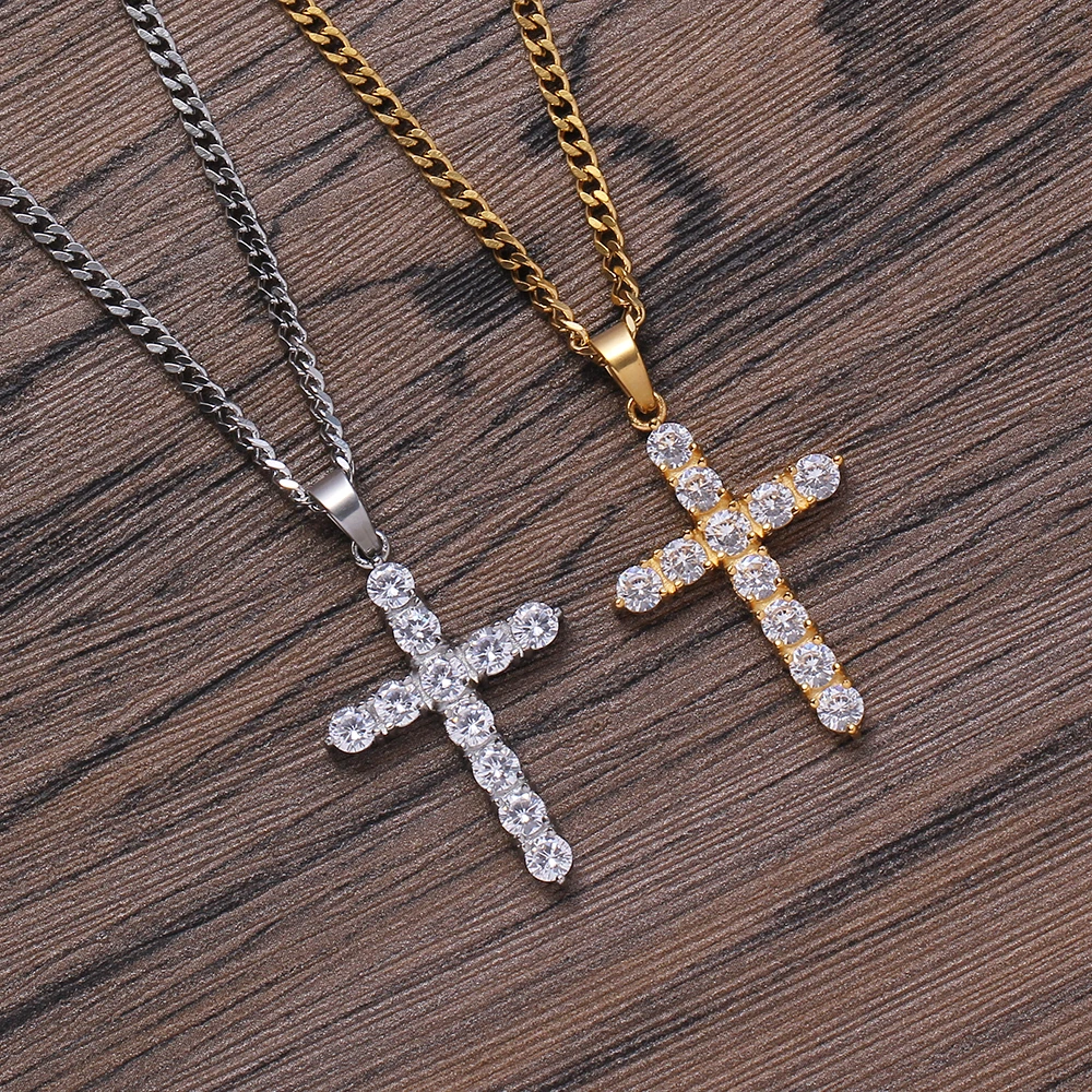 SN219  Crystal with Stainless Steel Cross Pendant Necklace Hip Hop Jewelry for men bling bling