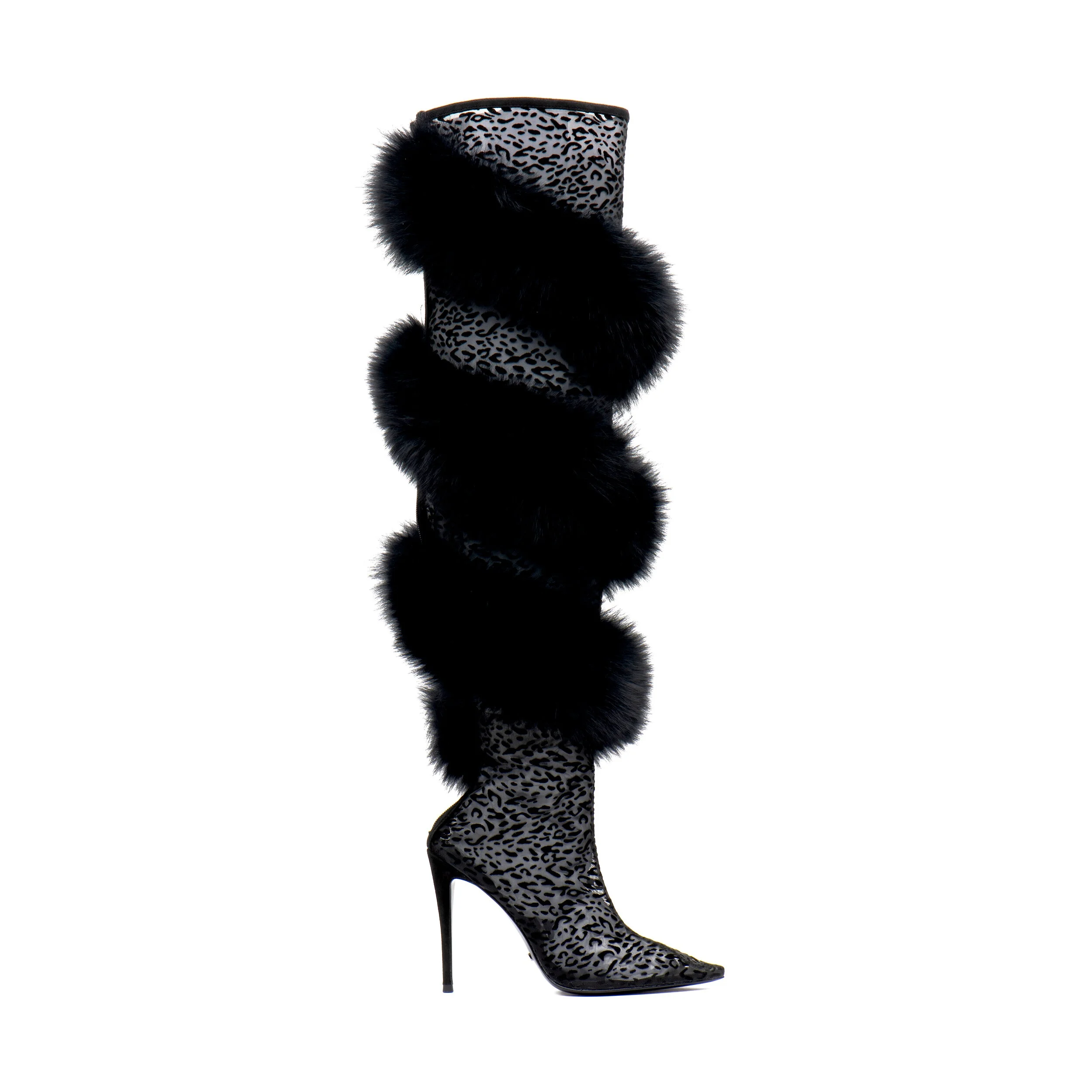 

2021 LEOPARD MESH X FOX FUR RUNWAY HIGH HEEL WOMEN BOOTS, Multi color