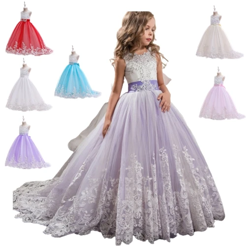 

2021 Hot Selling Flower Lace Princess Baby Sleeveless Wedding Dress Evening Long Elegant Party Costume Kids Dress for Girls
