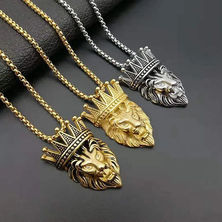 

Fashion Jewelry Gold Plated Crystal Inlaid Animal Head Pendant Stainless Steel Crown Lion Head Necklace Pendant