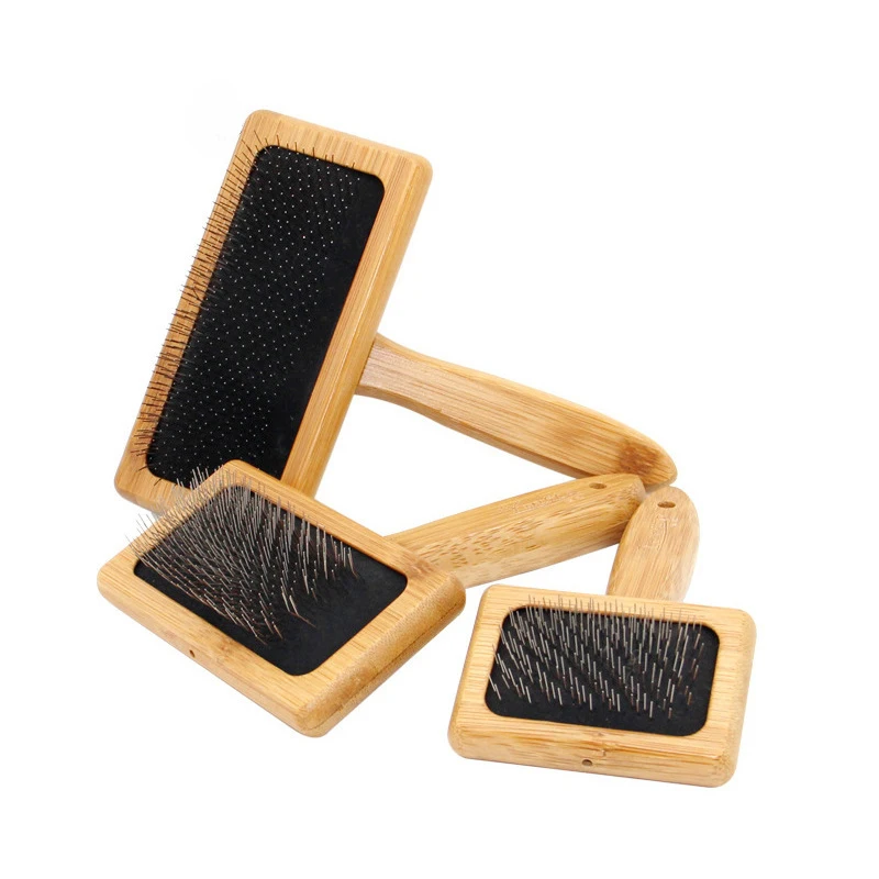 

Custom logo Dog comb Pet hair brush Dog Cat hair brush bamboo wood pet grooming comb stainless steel broach, Natural