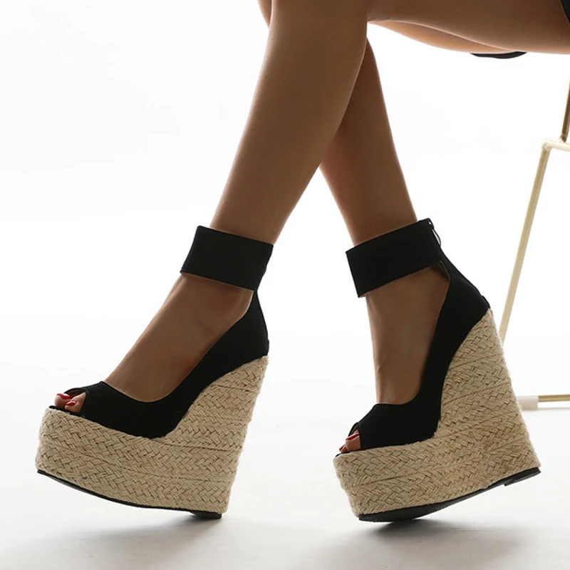 

Women's Sandals Fashion Straw Weave Wedges Platform Women Summer Fashion Peep Toe Ankle Wrap Zipper High Heels Shoes