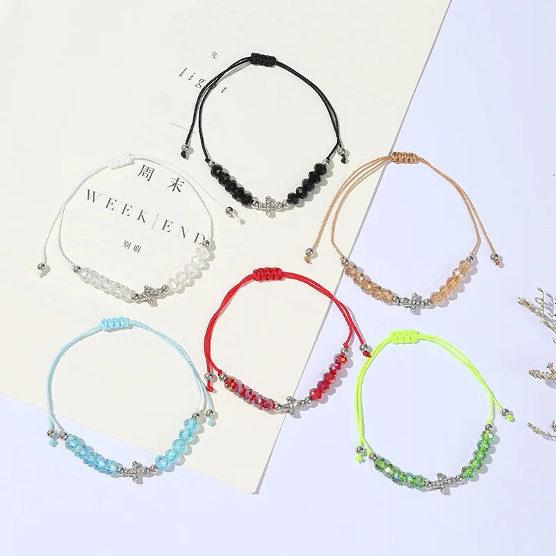 

Crystal Beaded Charms Jewelry Diamond Cross Handmade Thread Knitted Bracelets Religious Bracelet, Multi-colors