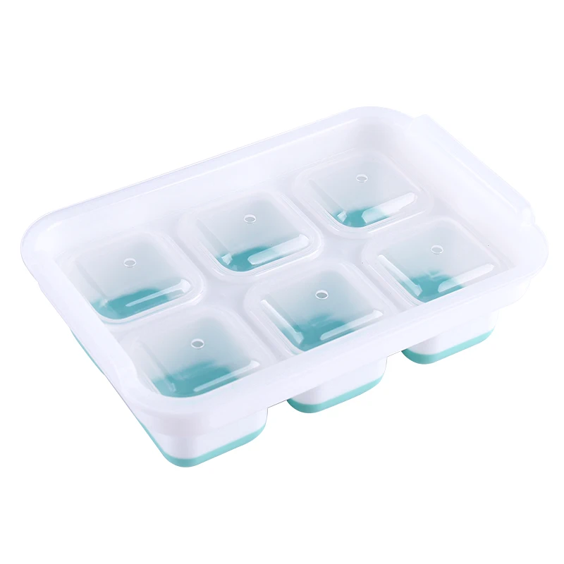 

Haixin Square Ice Cube Tray Silicone Ice Cube Container with Lid Hot Selling 6 Grids Ice Cream Tools 2020 Eco-friendly CE / EU, White + cyan