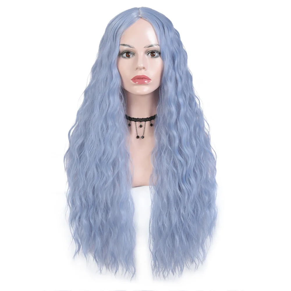 

Fashion Long Synthetic Hair Dark Blue Wig Deep Wave hair wigs Heat Resistant Hairstyle synthetic hair wig for Women