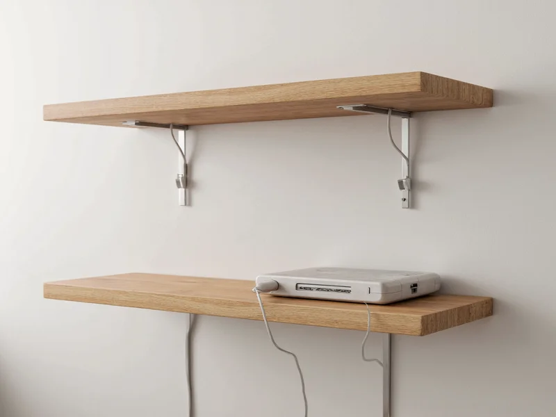 Floating wooden stick shelves with integrated cable management