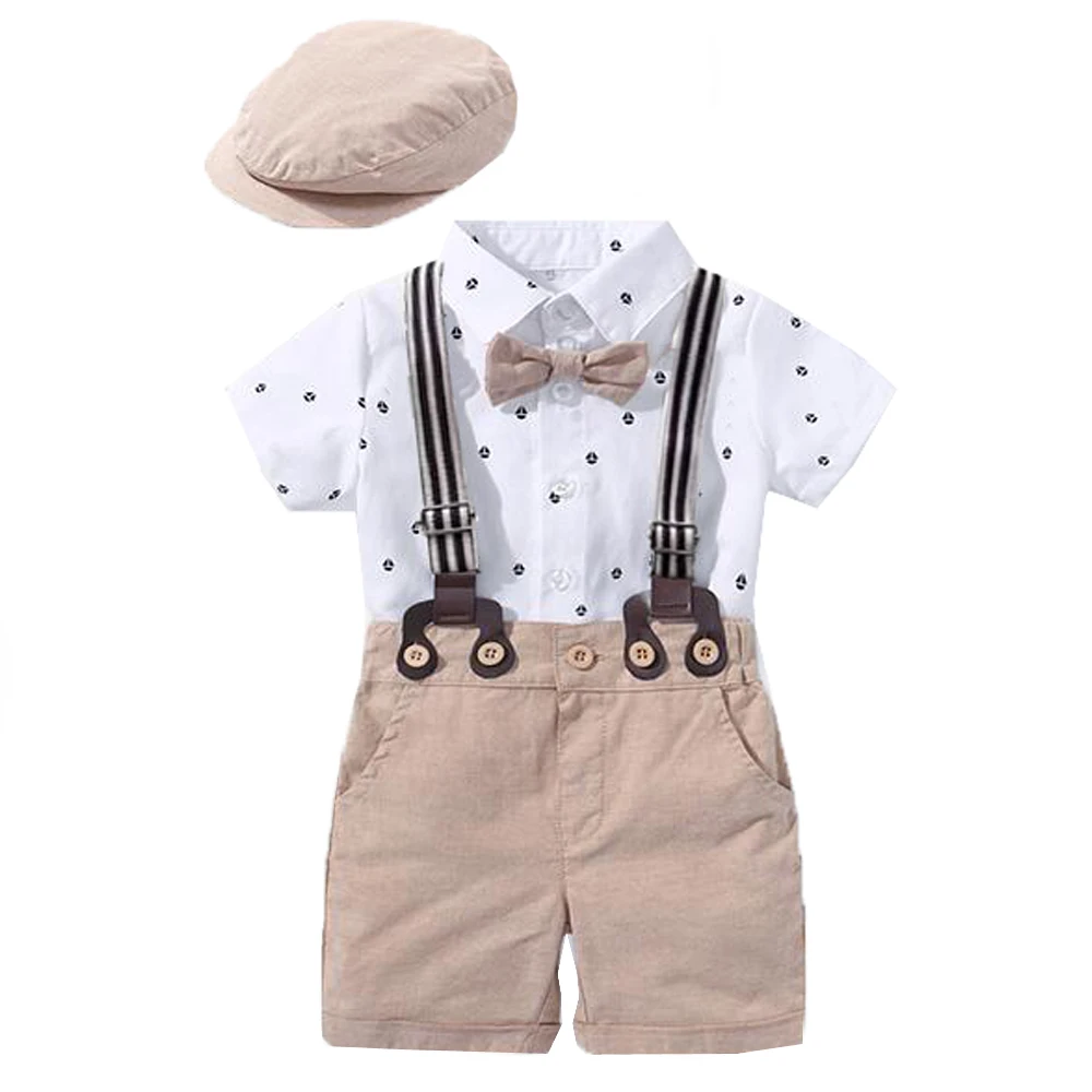 

Summer Cotton Baby Boy Party Clothes Suit with Hat for 3-24 Months Toddler Infant Boys Wear, White , khaki