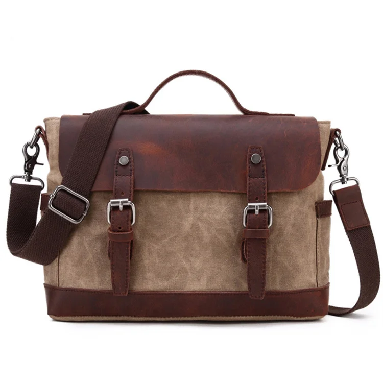 

Hot selling oil waxed canvas briefecases genuine leather briefecases bags men