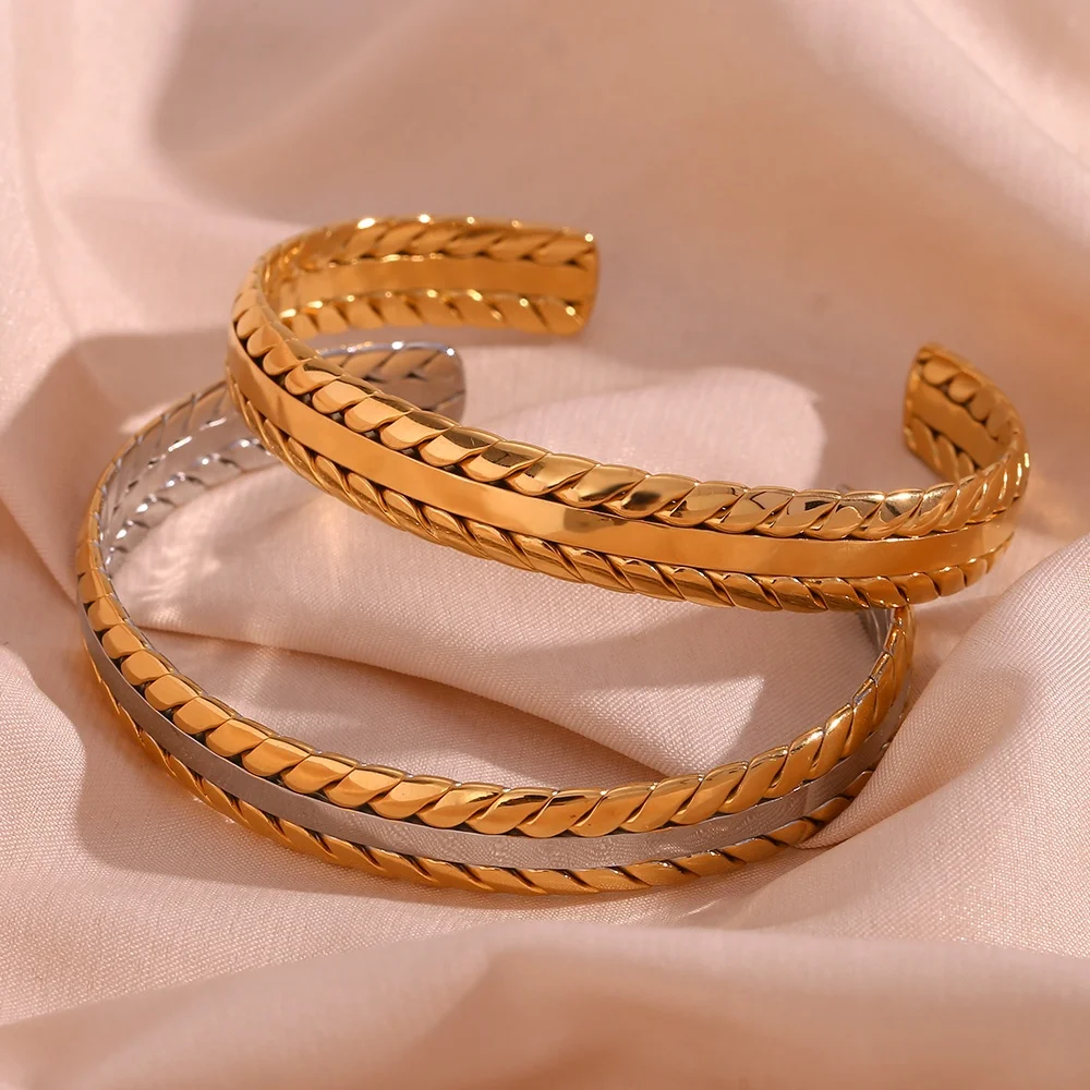 

PVD Gold Plated Jewelry Twisted Wheat Texture Cuff Bangle Tarnish Free Stainless Steel Jewelry