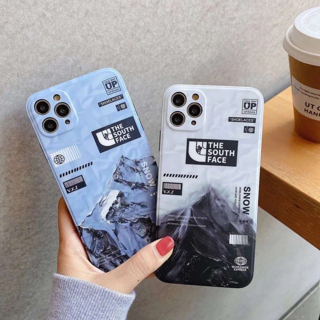 

Hot Sale Fashion Outdoor Brand Snow Mountain Pattern Phone Case for iPhone 12 Cool Label IMD Cover for iPhone 11/7/8/XS/XR/X/MAX, Black/white/blue