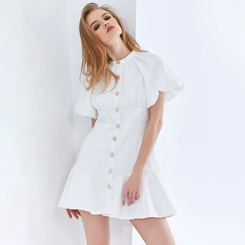 Women's Minimalist Casual Mini Dress with Round Neck Puff Sleeve and Patchwork Buttons Solid Pattern Woven and Eco-Friendly