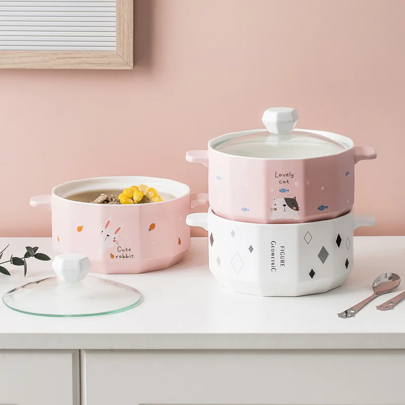 

Large capacity ceramic bowl with cover for household student scatter-proof noodle bowl, Pink , white