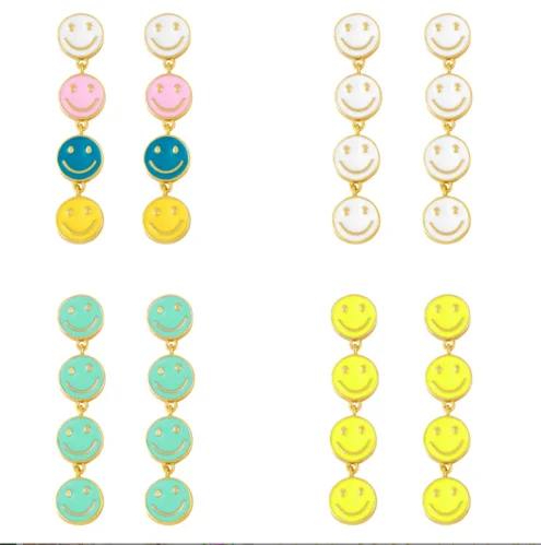 

2022 Trendy Gold Plated Cute Colorful Enamel Smile Face Stud Tassel Earrings for Girls Jewelry